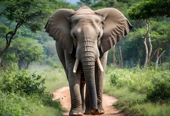 Large african elephant bull walking on dirt road