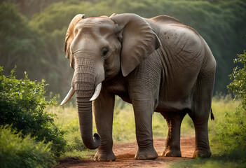 Fototapeta premium Large african elephant walking on a dirt road