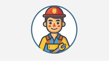 Fototapeta premium Happy Labor Day. Holiday concept. cartoon logo of worker in round frame for background, banner, card, poster with text inscription.