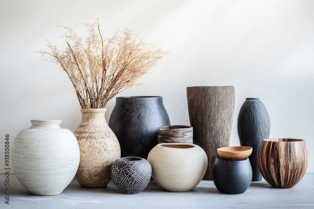 Poster a curated collection of unique vases and bowls with diverse textures is elegantly arranged on the fl