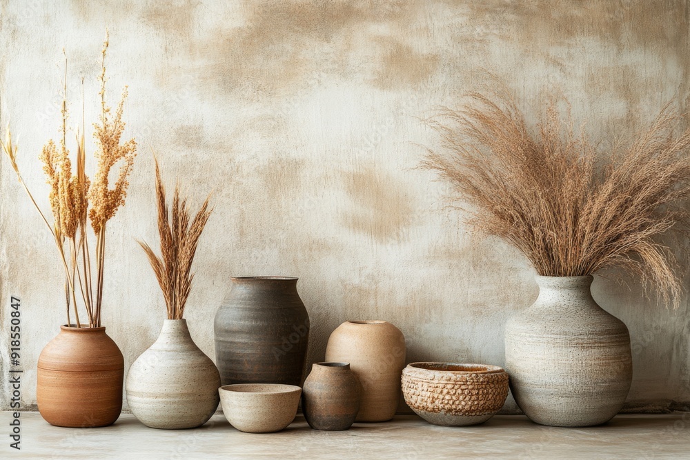 Poster a curated display features a variety of vases and bowls made from different materials on the floor, 