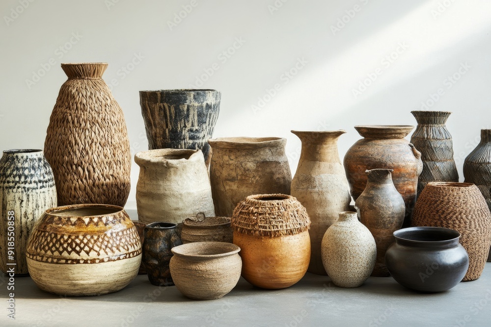 Poster a curated collection of various vases and bowls with distinct textures is arranged neatly on the flo