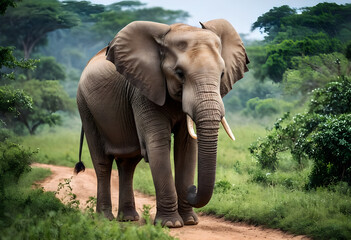 Large african elephant bull walking on a dirt road in the african savanna