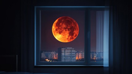 Naklejka premium A realistic depiction of a red moon viewed through a window of a modern home, with the interior dimly lit and the moon prominently visible outside