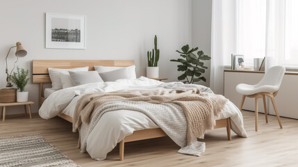 Beautiful Scandinavian style bedroom with light wooden furniture