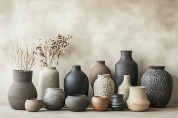 A collection of vases and bowls featuring various textures is neatly arranged on the floor, enhanced by soft, natural light illuminating their elegant designs