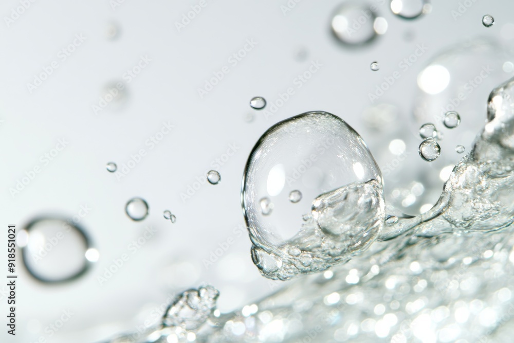 Poster oxygen bubbles rise through clear water, creating a tranquil display of movement and light in a macr