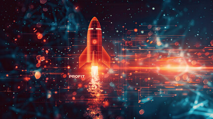 Futuristic Conceptual portrait. Startup Concept. Rocket Take-off in modern technology world , Symbol of Success