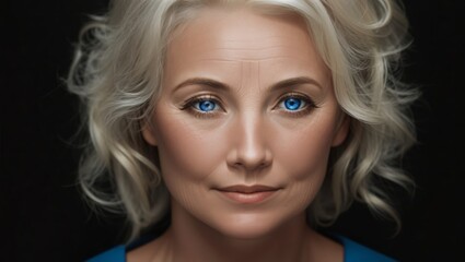 Serene Gaze: A close-up shot showcases a mature woman with striking blue eyes and a soft, captivating expression, exuding both grace and wisdom. The warm light gently caresses her fair skin.