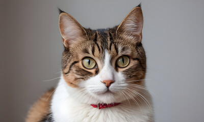 Obraz premium Curious tabby cat with yellow eyes posing on grey background