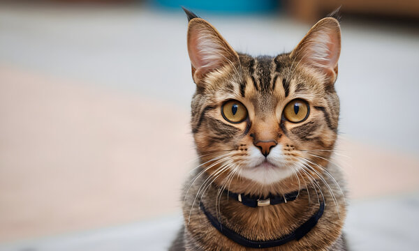 Portrait of tabby cat wearing collar looking at camera