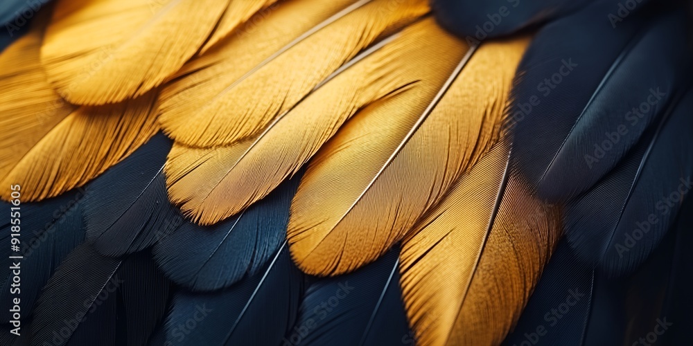 Poster a close up of a bird's feathers, with some of them being yellow and others being black. the feathers