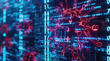 System hacking with info message. Background with a code on a blue background and a virus warning. Cyber security and cybercrime