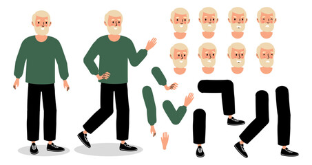 A variety of illustrated characters showcasing an elderly man in different poses, expressions, and seasonal attire