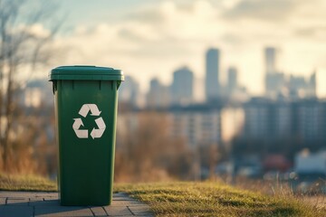 A green recycling bin stands in focus against a blurred cityscape, highlighting urban sustainability amid the evening light