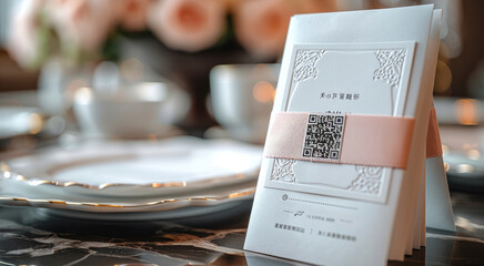 High-tech wedding invitations featuring QR codes that lead guests to a personalized wedding website with all event details and interactive elements. Generative AI.