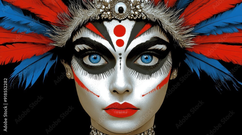 Sticker Vibrant Masked Portrait with Feathers and Bold Colors