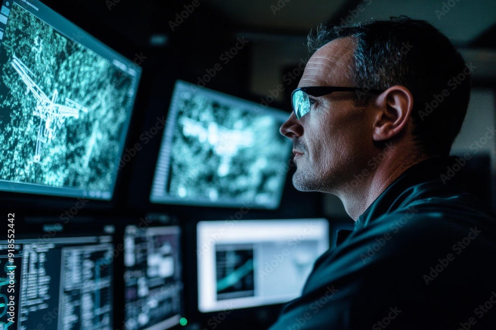 Poster a technician observes multiple computer screens as a drone navigates its flight path, displaying det