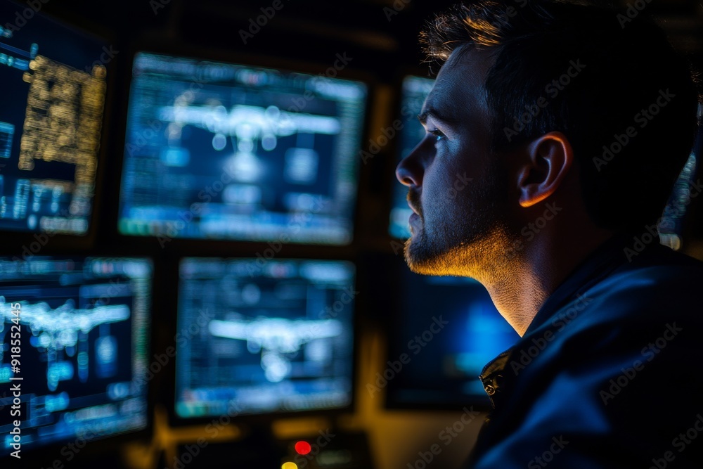 Poster a technician closely observes a drone's flight path displayed on several computer screens while work