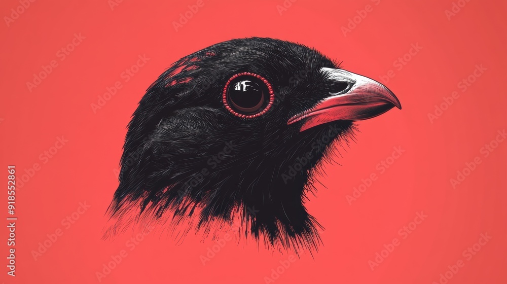 Sticker Graphic Portrait of a Black Bird on Red Background