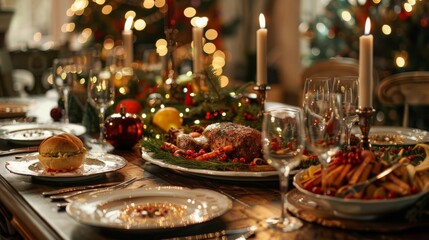 A festive holiday table setting with a sumptuous feast and decorations --ar 16:9 Job ID: 5275b339-43d6-411e-9bc1-cfa36931b012