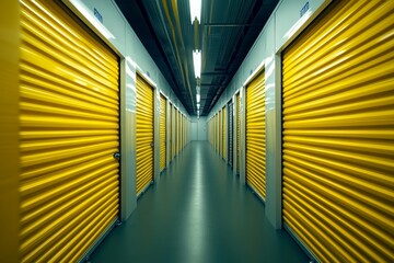 Fototapeta premium A straight-on view of a corridor filled with yellow self-storage units, showcasing a well-lit and organized storage facility