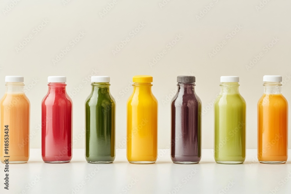 Poster an attractive array of colorful, fresh organic juices is neatly arranged in glass bottles on a clean