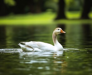 Obraz premium white and brown goose swimming in the water of a green pond