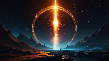 Digital artwork featuring a futuristic, abstract landscape. The layout is a top-down view of a metallic surface with geometric, crystalline structures.