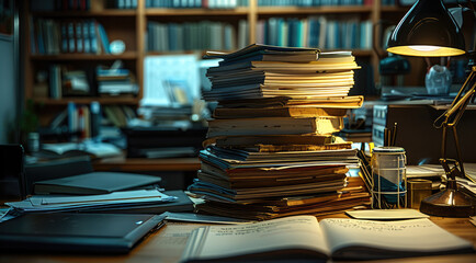 Bunch of book, paper work and binder at empty office desk, big dramatic lighting. Generative AI.