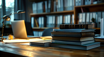 Bunch of book, paper work and binder at empty office desk, big dramatic lighting. Generative AI.