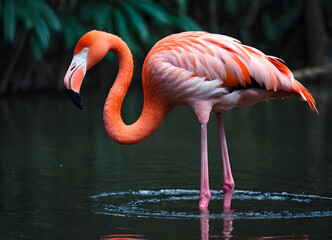Pink flamingo standing on one leg in water