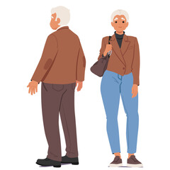 Elderly Man And Woman Standing Together In Casual Clothing. The Man Is Shown From The Back, While The Woman Face Forward