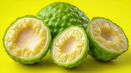 Fototapeta premium Fresh Green Cherimoya Slices on Bright Yellow Background