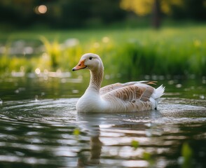 white and brown goose swimming in the water of a green pond