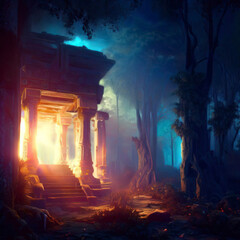 Obraz premium Temple in fantasy forest at night, old ruins and magic light, Surreal mystical fantasy artwork
