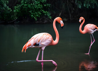 Pink flamingo searching for food in river