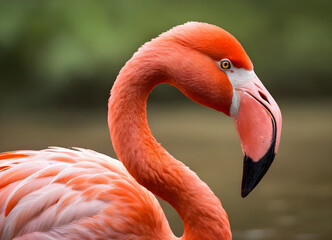 American flamingo posing with its characteristic curved neck and pink plumage