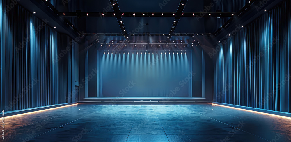 Poster Panoramic symmetrical view, dark elegant conference hall with large stage for performance, floodlights, empty large room. Generative AI.