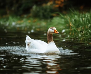 white and brown goose swimming in the water of a green pond