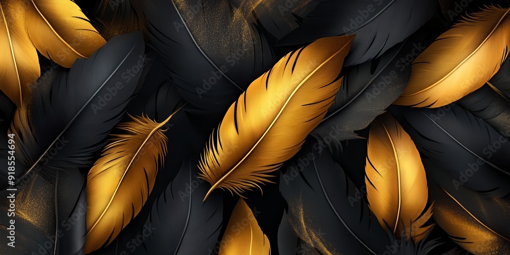 Poster a black and gold feather patterned background with gold and black feathers. the feathers are arrange
