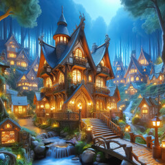 Fantasy houses in magic forest, scenery of fairy tale village.
