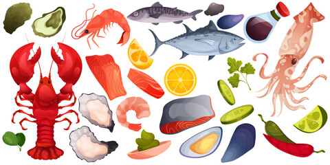Fish food. Seafood cook, salmon dish or grill sea cod, tuna or trout with gourmet rosemary and lemon. Marine meal, ocean restaurant or cafe decorative delicacy elements. Vector illustration