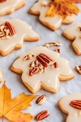 maple leaf shaped cookies coated in a creamy maple glaze, topped with chopped pecans and arranged on a parchment lined surface with dried autumn leaves for decoration
