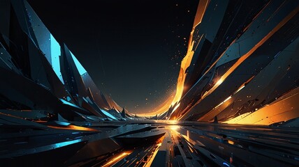 Digital artwork featuring a futuristic, abstract landscape. The layout is a top-down view of a metallic surface with geometric, crystalline structures.