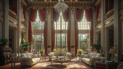 Fototapeta premium The luxurious interior of a grand mansion. elegant living room with high ceilings, a grand chandelier, and large windows draped with opulent curtains. The room is furnished with plush sofa.