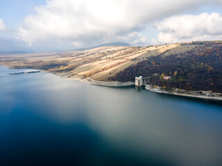 Obraz premium Aerial view of Ogosta Reservoir, Bulgaria