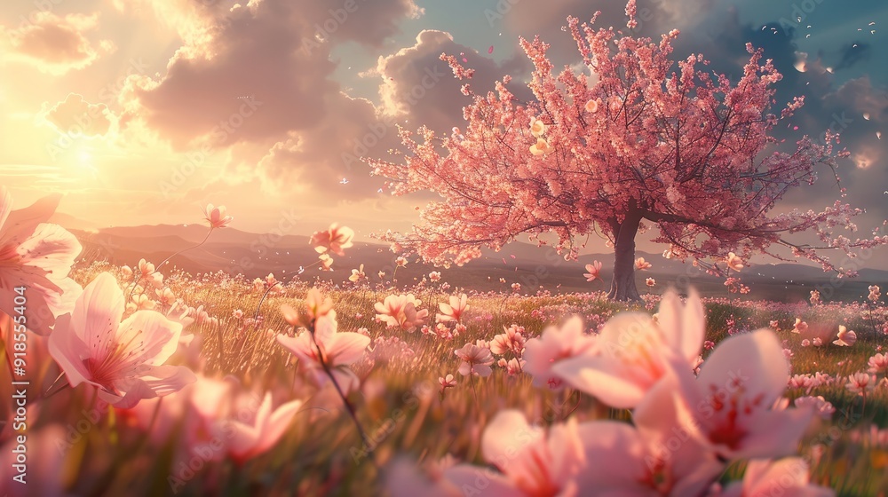 Poster a field covered in flower, soft light, peach blossom. generative ai.