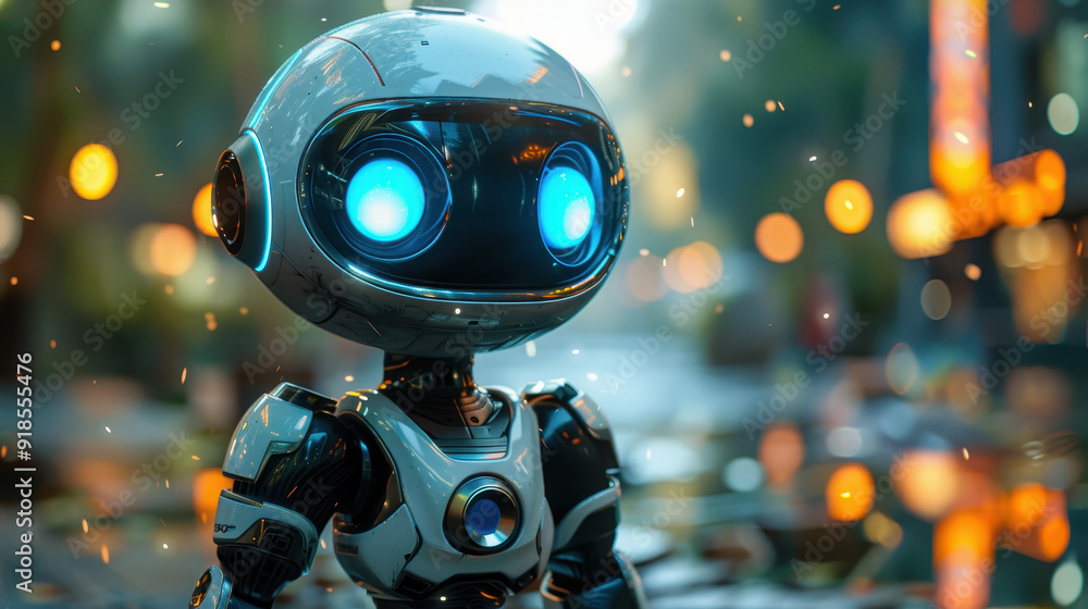 Poster futuristic ai robot with glowing eyes in urban night setting with bokeh lights, concept of friendly 