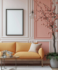 Aesthetic minimalist room interior design. Mockup picture frames. Mock up poster on the walls. Copy space. Scandi apartment for decoration. Neutral colors. Modern japandi style.